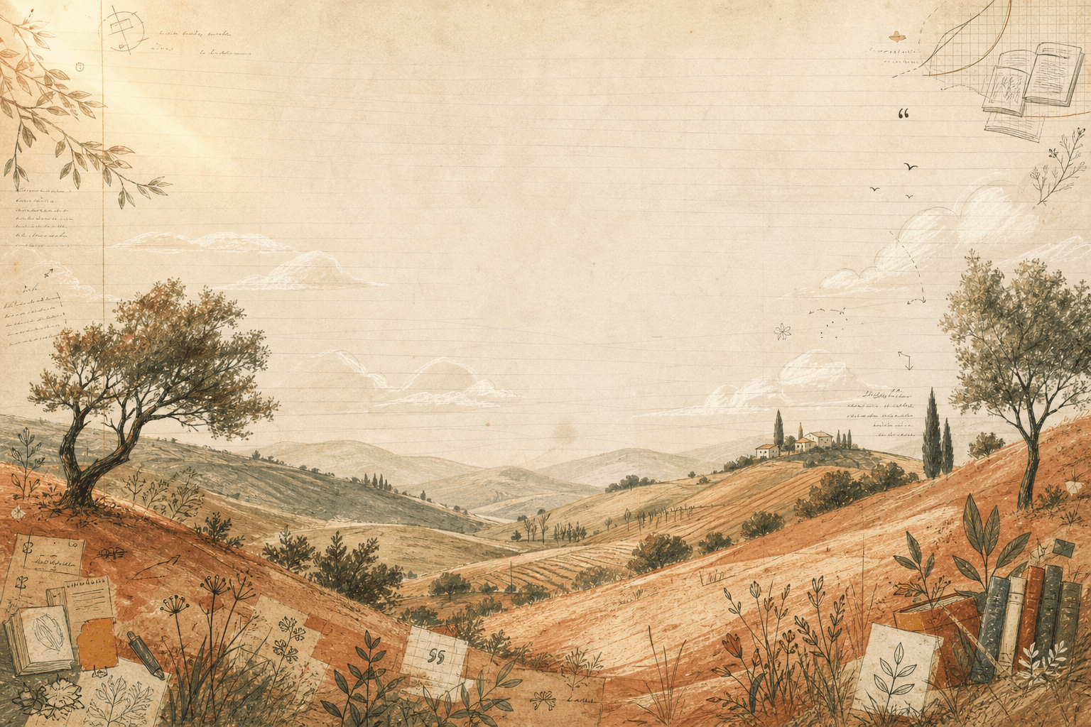 Hand-drawn panoramic landscape with woven research journal elements